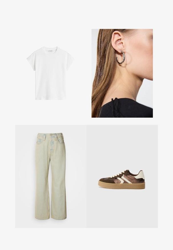 Witte korte mouwen t-shirt van katoen. Heeft een ontspannen pasvorm met een ronde hals en iets verlaagde schoudernaden. Geen patronen of accenten.; Lichtblauwe wijde jeans van denim, met een hoge taille, vijf zakken en subtiele vervaging met contrasterende stiksels.; Bruine en crèmekleurige sneakers van een combinatie van suede en satijn, met drie diagonale strepen en een gestructureerde gumrubberen zool.; Zilveren oorbel met een gepolijste afwerking, met kleine gouden accentdetails en een ronde vorm, gedragen op de oorlel.