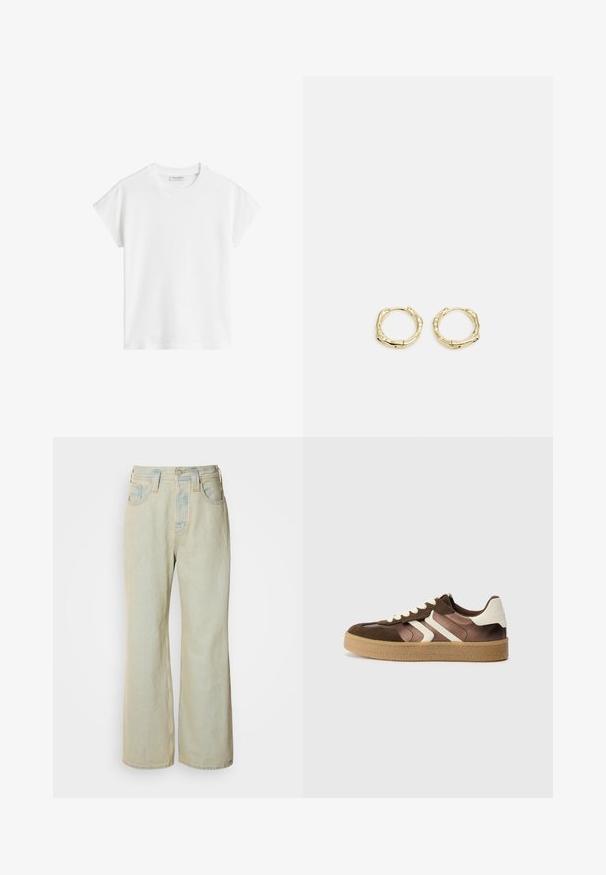 Weißes kurzärmliges T-Shirt aus Baumwolle. Hat eine lockere Passform mit Rundhalsausschnitt und leicht gesenkten Schulternähten. Keine Muster oder Akzente.; Hellblaue Schlagjeans aus Denim mit hoher Taille, fünf Taschen und subtilen Ausbleichungen sowie kontrastierenden Nähakzenten.; Braune und cremefarbene Sneakers aus einer Kombination von Wildleder und Satin, mit drei diagonalen Streifen und einer strukturierten Gummisohle.; Goldene Creolen mit einer strukturierten, unregelmäßigen Form. Sie verfügen über einen nahtlosen Verschluss und eine polierte Oberflächenbehandlung, die ein modernes Design betont.
