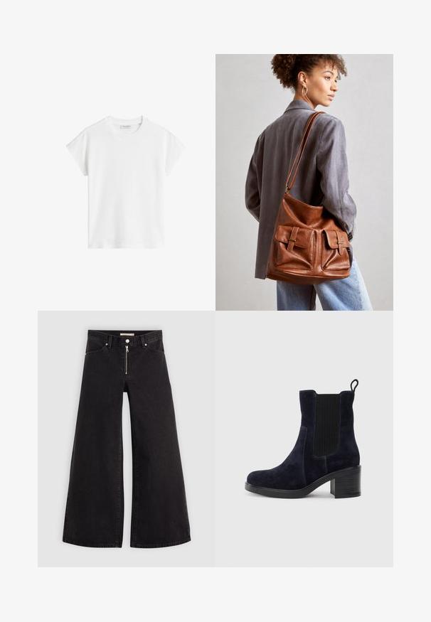 Biely krátky rukáv tričko vyrobené z bavlny. Má voľný strih s okrúhlym výstrihom a mierne spustenými plecami. Bez vzorov alebo akcentov.; Dlhé nohavice vo voľnom strihu z čierneho denimu so zipsom vpredu, päť vrecúškovým dizajnom a jemnými stehovými detailmi. Hladká textúra a neformálny štýl.; Námornícky modré zamatové členkové botas s elastickým bočným panelom, okrúhlou špičkou a blokovým opätkom. Textúrovaná látka a hladká podrážka vytvárajú kontrast.; Hnedá kožená kabelka v tvare vedra s dvoma prednými vreckami a prackovými detailmi. Kabelka má hladký povrch a nastaviteľný popruh.