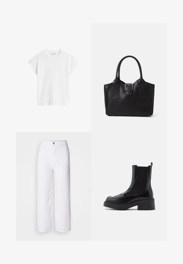 Valge lühikeste varrukatega T-särk, mis on valmistatud puuvillast. Omab vabalt voolavat lõiget, ümmargust kaelust ja veidi madalamalt asetsevaid õmblusi. Ei sisaldanud mustreid ega aksessuaare.; Valged denimid laiad püksid nööbiga kinnitusega, vöökohaga, kahe esi-taskuga ja ühe taga-taskuga. Vastupidav ja tekstuuriline kangas.; Mustaid Chelsea saapad jämeda kannaga, mis on varustatud läikiva nahast pealsiga ja elastsete külgpaneelidega, et neid saaks hõlpsasti jalga panna. Tugev kummist tall.; Mustgamma nahast kott, millel on sile tekstuur, struktureeritud kuju, kaks käepidet ja esiküljel silmapaistev hõbedane pandla detail.