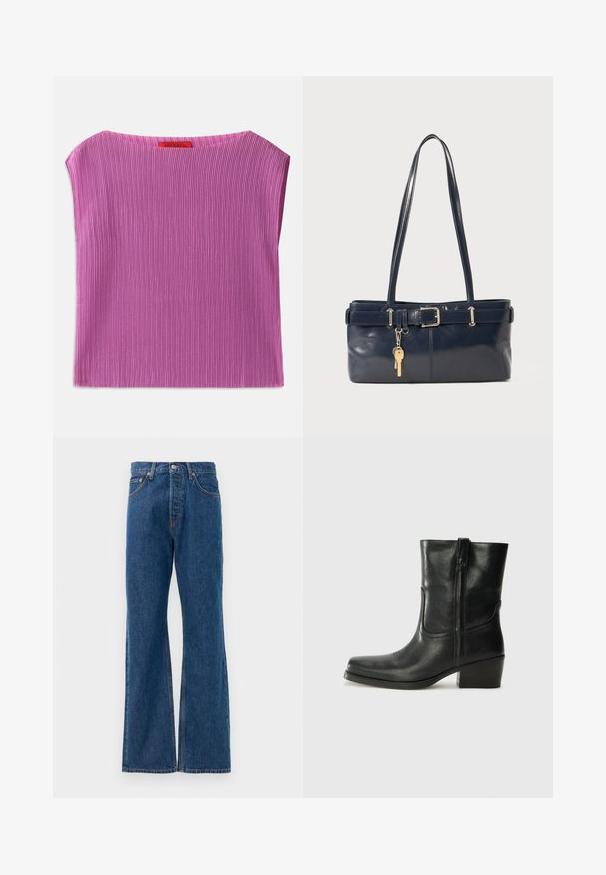 Textúrovaný top bez rukávov v svetloružovej farbe, s okrúhlym výstrihom a vertikálnym rebrovaným vzorom. Označenie viditeľné na zadnej strane s názvom značky.; Pruhovaná košeľa s bielym základom, ktorá má úzke viacfarebné pruhy v modrej, oranžovej a zelenej farbe. Dlhé rukávy a klasický golier.; Modré džíny s rozšírenými nohavicami a vysokým pásom, s piatimi vreckami, strieborným zapínaním na gombík a viditeľnými stehovými akcentmi.; Čierne kožené členkové topánky s okrúhlou špičkou, blokovým podpätkom, bočným zipsom a prešívaním na priehlavku. Hladká textúra, klasický dizajn.; Námornícka kožená kabelka s dvoma dlhými uchami, detailom s prackou a pripojeným kľúčovým držiakom. Má hladkú textúru a obdĺžnikový tvar.