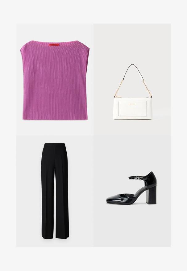 Texturiertes, ärmelloses Oberteil in Hellrosa mit rundem Ausschnitt und vertikalem Rippenmuster. Tag auf der Rückseite mit Markenname sichtbar.; Schwarze weite Hosen mit einer glatten Textur, ausgestattet mit einem hohen Bund und mittleren Falten. Keine sichtbaren Muster oder Hardware-Details.; Schwarze patentierte Leder-High Heels mit quadratischer Zehenform, Knöchelriemchen und dicker Absatz. Enthält durchbrochene Details entlang des Randes.; Weißes Lederhandtasche mit strukturierter Oberfläche, ausgestattet mit einem goldenen Kettenriemen und schwarzen Akzenten. Enthält eine Fronttasche und einen Reißverschluss.