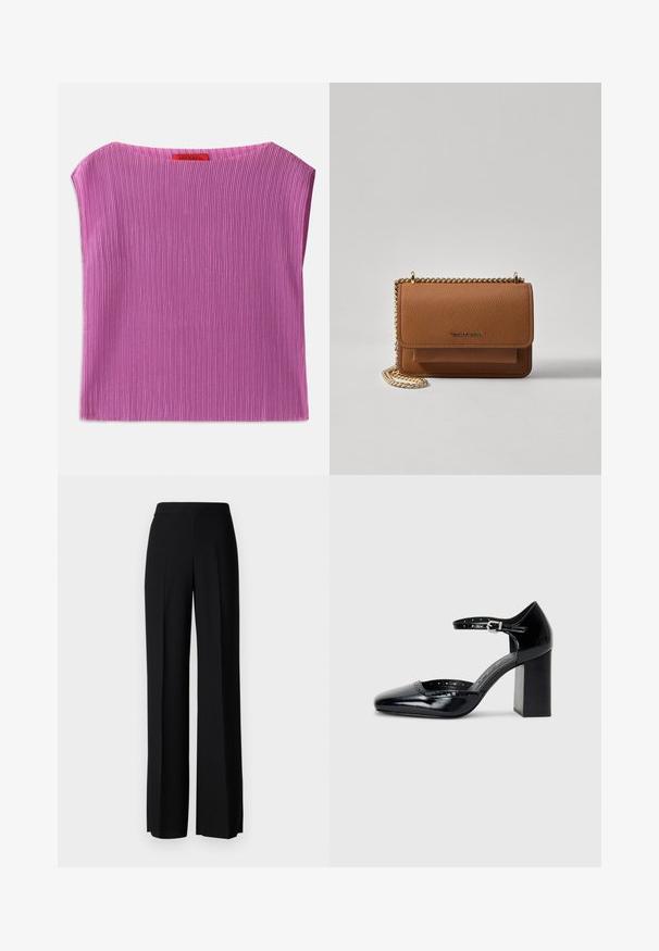 Texturiertes, ärmelloses Oberteil in Hellrosa mit rundem Ausschnitt und vertikalem Rippenmuster. Tag auf der Rückseite mit Markenname sichtbar.; Schwarze weite Hosen mit einer glatten Textur, ausgestattet mit einem hohen Bund und mittleren Falten. Keine sichtbaren Muster oder Hardware-Details.; Schwarze patentierte Leder-High Heels mit quadratischer Zehenform, Knöchelriemchen und dicker Absatz. Enthält durchbrochene Details entlang des Randes.; Braune strukturierte Ledertasche mit goldener Kettenriemen und Klappenverschluss. Die Vorderseite zeigt ein Logo-Detail und eine Tasche unter der Klappe.