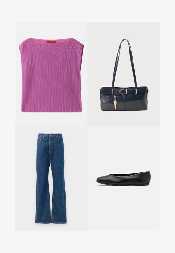 Tekstureret ærmeløs top i lyserød, med rund halsudskæring og lodret ribbet mønster. Tag synligt på bagsiden med mærkenavnet.; Blå denim flared jeans med høj talje, der har fem lommer, en sølvfarvet knaplukning og synlige stikninger.; Paul Smith TOPANGA - Ballerinasko - black; Mørkeblå læderhåndtaske med to lange håndtag, en spænde detaljer og en nøglering vedhæftet. Den har en glat tekstur og en rektangulær form.