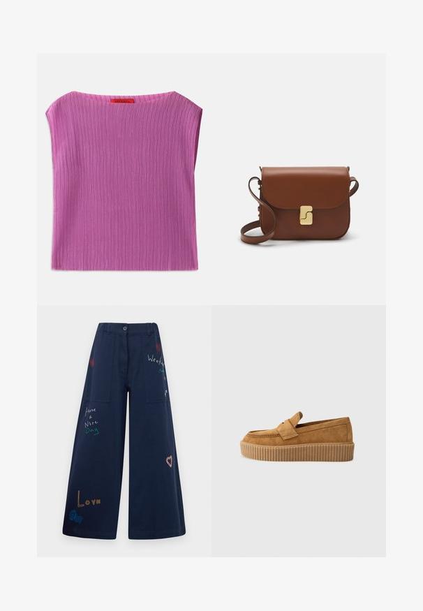 Kergelt tekstureeritud ilma varrukateta särk helesinises, millel on ümmargune kaelus ja vertikaalne ribakujundus. Tagaküljel nähtav silt, millel on brändi nimi.; Tumesinine laiad püksid puuvillast mitmete taskutega. Omaduseks on värviline tikandtekst ja graafika, sealhulgas südamed ja mängulised fraasid.; Pruun nubukloafer ümmarguse varbaga, ribadega platvormi tallaga ja dekoratiivse rihmaga ülevalt.; Pruunist nahast käekott, millel on klapiga sulgur, kuldne riistvara, õlarihm ja sile tekstuur. Kompaktne ristkülikukujuline vorm.