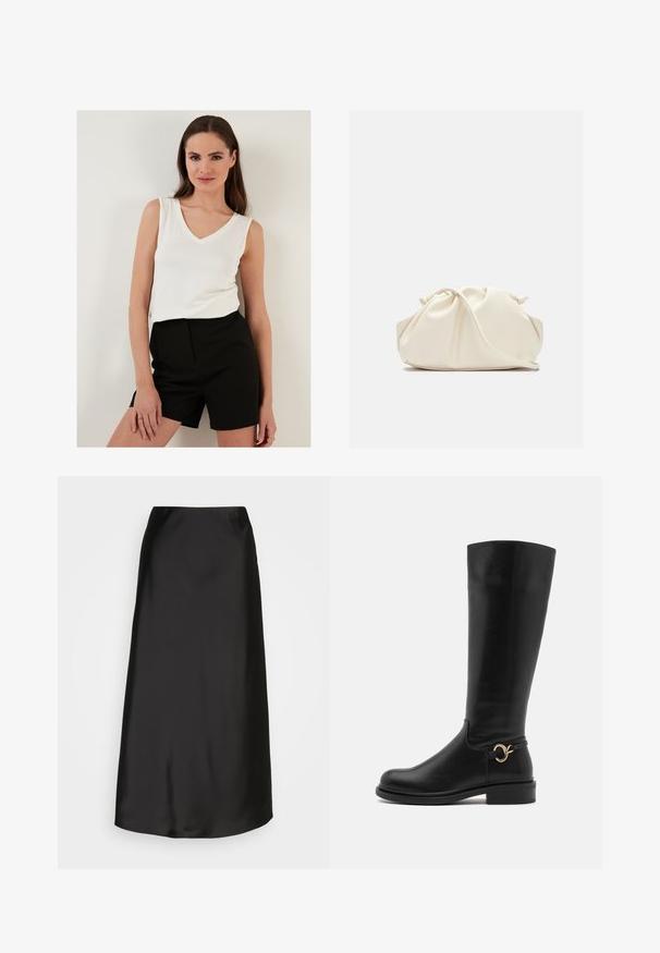 Witte mouwloze top met een V-hals, gecombineerd met hoge zwarte shorts; beide kledingstukken hebben een lichte stof en een gladde textuur.; Zwarte satijnen midi-rok met een gladde textuur, A-lijn vorm en een subtiele glans. Heeft een slank, eenvoudig ontwerp zonder versieringen.; Anna Field Wide Fit Laarzen - black; Crème-kleurige, zachte neplederen tas met een geplooid ontwerp, verstelbare schouderband en subtiele trekkoordsluiting. Gladde textuur en ronde vorm.