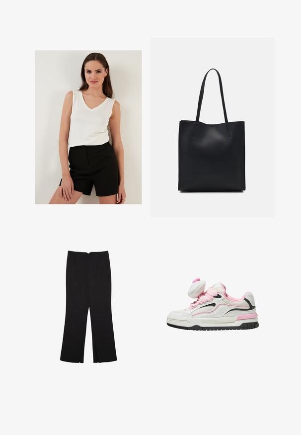 Hvid ærmeløs top med V-udskæring, parret med høj talje sorte shorts; begge beklædningsgenstande har letvægtigt stof og glatte teksturer.; Sorte bukser med lige pasform, der har frontlommer og slidser i kanten. Lavet af blødt, glat stof. Velegnet til forskellige anledninger.; Hvide og lyserøde sneakers med en mesh-overdel, polstret tunge og sorte detaljer. Tykk gummisål med tekstureret slidbane for godt greb.; Sort læder tote taske med glat tekstur, rektangulær form og to lange hanke. Ingen synlig hardware eller udsmykninger.