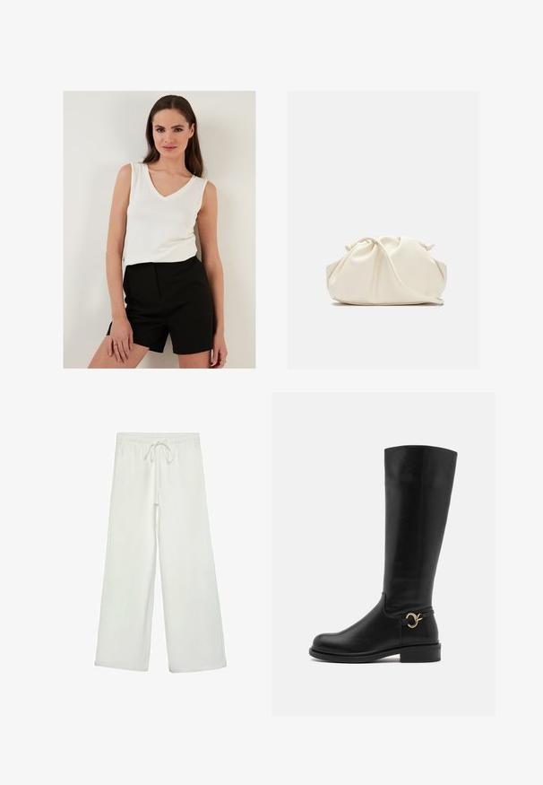 Bjela majica bez rukava s V-izrezom u kombinaciji s crnim hlačama na visokom struku; oba odjevna predmeta imaju laganu tkaninu i glatke teksture.; Bijele hlače širokog kroja od mekog materijala. Imaju elastični pojas s vezicom i glatku teksturu. Nema vidljivih uzoraka ili metalnih dijelova.; Anna Field Wide Fit Čizme - black; Torba od mekanog umjetnog kože krem boje s nabranim dizajnom, podesivim remenom i suptilnim zatvaranjem uzicom. Glatka tekstura i zaobljen oblik.