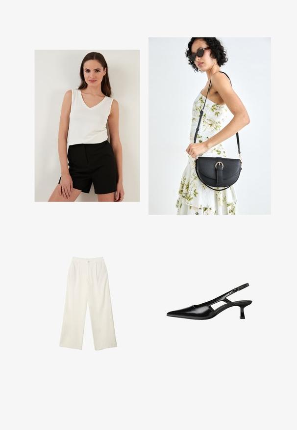 Vit ärmlös topp med V-ringning som parats med högmidjade svarta shorts; båda plaggen har lättviktsmaterial och släta texturer.; Breda byxor i krämfärgad tyg med en mjuk yta, med en enda knapp fram, subtila veck och en hög midja design.; Svart lackläder slingback-klackar med spetsig tå, utskuren sidor och en liten fyrkantig klack. Slät textur med minimala accenter.; Svart läderhandväska med en böjd form, avtagbar rem och guldiga detaljer. Väskan har ett lock med en spänndetalj.