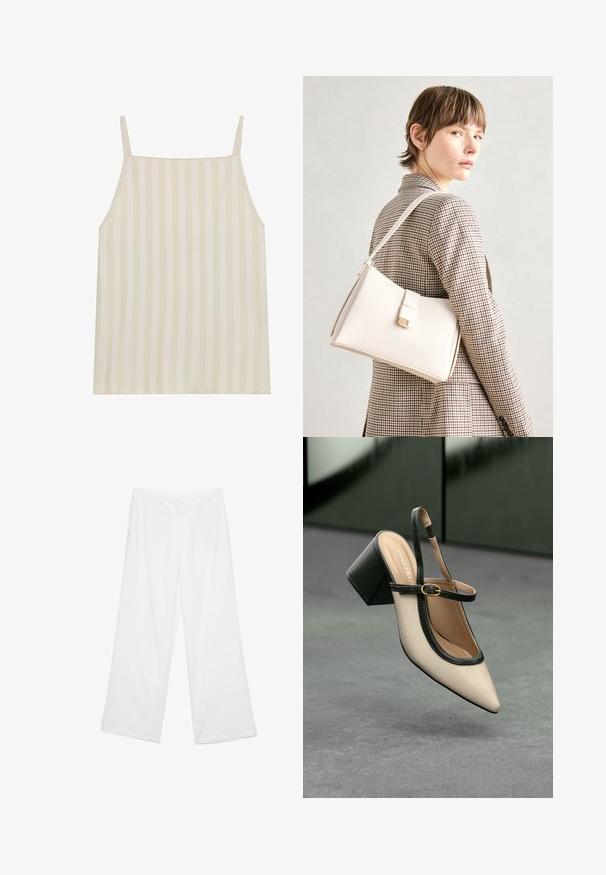 Svetlo bež top brez rokavov s vertikalnim črtastim vzorcem, tankimi nastavljivimi naramnicami in sproščenim krojem. Gladka tekstura s subtilnim sijajem.; Široke hlače iz belega blaga, ki se ponašajo z gladko teksturo, sprednjimi žepi in klasičnim pasom z zankami za pas.; Bežna slingback čevlja z uskim sprednjim delom, črnimi detajli, zlatim zaponko in debelim blokovskim peto na sivi tleh s temno zeleno ozadje.; Bela usnjena torba s strukturirano zasnovo, opremljena z magnetnim zapiranjem in naramnico, prikazana na nevtralni ozadju.