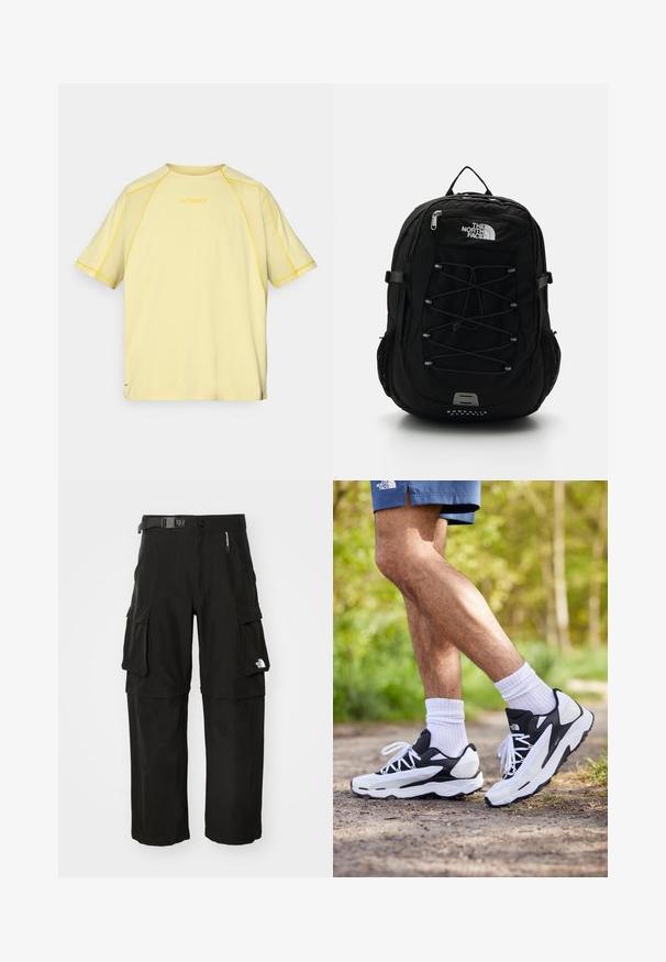Dzeltena īsu piedurkņu krekls no mīksta materiāla, ar kontrastējošu dzeltenu šuvju un "TERREX" logo uz krūtīm. Parastā piegriezuma dizains.; Melni cargo bikses, kas izgatavotas no izturīga auduma, ar vairākiem kabatām, jostu un logotipu uz apakšējās kājas. Taisna griezuma ar gludu tekstūru.; Melnbalti sporta apavi ar sietiņa augšdaļu, teksturētām akcentiem un baltām šņorēm. Valkāti ar baltām potīšu zeķēm un tumši ziliem šortiem uz ceļa.; Melnā mugursoma ar elegantu dizainu, kurai ir priekšējā bungee vads, sieta sānu kabatas un logo. Izgatavota no izturīga materiāla.
