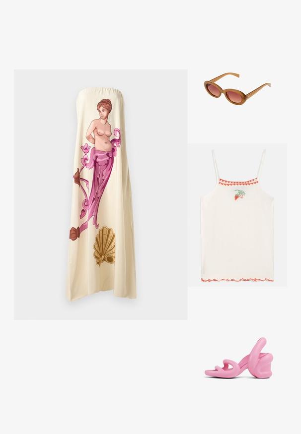 Weiße Spaghettiträger-Bluse mit roten gestickten Erdbeeren und einem gewellten roten Saum am Ausschnitt und am Bund.; Ärmelloses cremefarbenes Kleid mit einer großen, farbenfrohen Illustration einer klassischen Figur, die von floralen Akzenten in Pink und Braun umrahmt wird, und einem fließenden Design.; Rosa skulpturale High-Heelsandalen mit wellenförmigem Design und Blockabsatz, aus glattem Kunststoff gefertigt und mit Ausschnitten im Zehenbereich.; Braune Plastiksonnenbrille mit ovaler Form und verlaufenden rosa Gläsern. Verfügt über dünne, elegante Bügel und ein dezentes Logo an der Seite.; Seidentuch in quadratischer Form mit einem lebhaften abstrakten Muster in Rot, Pink und Grün, umrandet von einem tiefen Burgunder-Besatz.