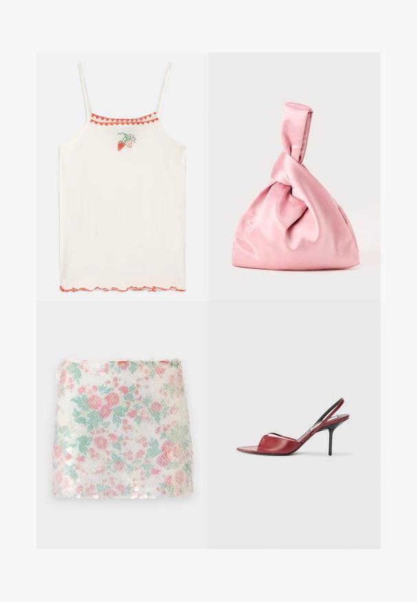 White camisole with thin straps, featuring red embroidered strawberries and a scalloped red trim along the neckline and hem.; Floral-patterned white fabric with pastel pink and green flowers, featuring a textured surface and subtle sequins along the bottom edge.; Red leather slingback heeled sandal with a pointed open toe design, thin strap across the foot, and a narrow stiletto heel.; Pink satin bag with a knotted top, featuring a smooth texture and a soft, rounded shape. Designed for a secure, gathered appearance.; Dangle earrings with three large square and rectangular red gemstones each, surrounded by smaller clear rhinestones in gold settings.