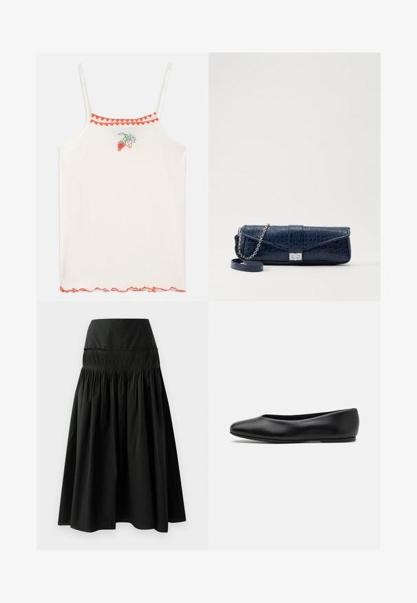 Camisola bianca con spalline sottili, decorata con fragole ricamate rosse e un orlo rosso smerlato lungo il colletto e l'orlo.; Gonna nera fino al ginocchio realizzata in tessuto morbido, con una vita aderente e un design arricciato per un effetto voluminoso.; Paul Smith TOPANGA - Ballerine - black; Clutch in pelle blu navy con texture a coccodrillo, tracolla in catena argentata e chiusura metallica. Forma rettangolare con design pieghevole.