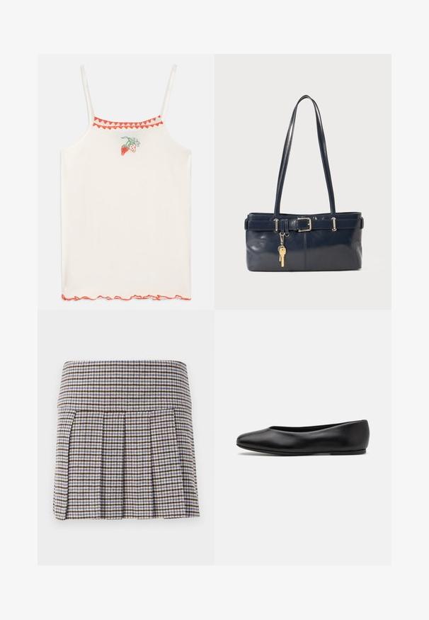 White camisole with thin straps, featuring red embroidered strawberries and a scalloped red trim along the neckline and hem.; Pleated skirt in a brown, beige, and blue check pattern. Made of a textured fabric with a fitted waistband and decorative pleats.; Paul Smith TOPANGA - Ballet pumps - black; Navy leather handbag with two long handles, a buckle detail, and a keychain attached. Features a smooth texture and a rectangular shape.
