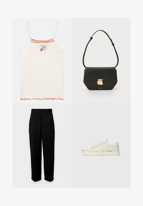 Weiße Spaghettiträger-Bluse mit roten gestickten Erdbeeren und einem gewellten roten Saum am Ausschnitt und am Bund.; Schwarze Hosen aus einem glatten Stoff, mit einem Knopfverschluss, Gürtelschlaufen und einem geraden Bein.; Cremefarbene Low-Top-Sneaker mit Schnürdesign, weißem Innenfutter und subtilen mehrfarbigen Akzenten entlang der Sohlenkante, Seitenansicht.; CLOSED CLOSED ONE - Umhängetasche - black