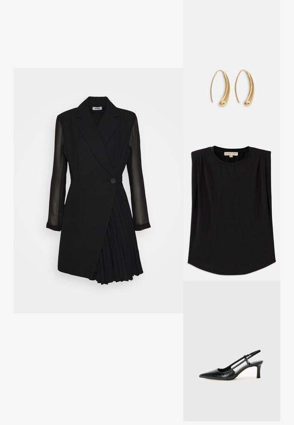 Top nero realizzato in morbido tessuto, con scollatura rotonda, maniche corte con plissettature e orlo leggermente curvato. Nessun motivo o dettaglio visibile.; Abito nero su misura con top stile blazer, maniche lunghe trasparenti, chiusura con un solo bottone e dettagli di gonna plissettata.; Slingback con tacco in vernice nera con punta affusolata, caratterizzato da una stampa a serpente testurizzata, cinturino regolabile e un tacco corto e testurizzato.; Borsa a tracolla nera in pelle con due tasche frontali, fibbie dorate, chiusura con zip e una tracolla sottile. Superficie texturizzata e forma rettangolare compatta.; Orecchini a cerchio in metallo color oro con forma curva ed allungata. Presentano una superficie liscia e lucida e una punta arrotondata per un tocco di dettaglio in più.