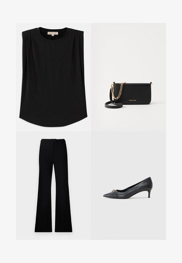 Fekete top puha anyagból, kerek nyakkivágással, rövid ujjakkal, amelyek redőzöttek, és enyhén ívelt aljú. Nincs rajta látható minta vagy kiegészítő.; Fekete, harangszárú nadrág sima textúrával, precíziós derékrésszel és elülső zsebekkel, amely egy sima, modern sziluettet tervez.; Fokozott orrú fekete bőr magassarkú cipő, alacsony sarokkal, textúrált pánttal és fényes díszítéssel az elején. Simára csiszolt felület és elegáns dizájn.; Fekete bőr clutch arany lánc díszítéssel, sima textúrával és arany logóval. Tartalmaz egy állítható pántot a sokoldalúság érdekében.; Arany fülbevalók polírozott felülettel, vastag, kör alakú kialakítással és biztos zárómechanizmussal. Simább textúra és fényes megjelenés.