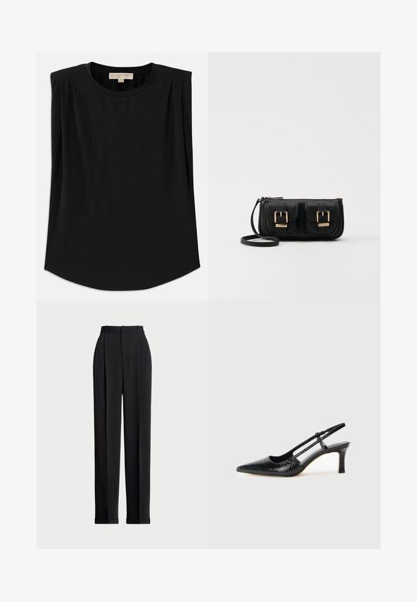 Čierny top vyrobený z mäkkej tkaniny, s okrúhlym výstrihom, krátkymi rukávmi s nariasením a mierne zakriveným lemom. Žiadne vzory ani akcenty nie sú viditeľné.; Čierne prispôsobené nohavice s vysokým pásom, prednými záhybmi, rovnými nohavicami a manžetami na leme. Vyrobené z hladkej tkaniny.; Čierne patentové slingback topánky na ihlovom podpätku s špicatou špičkou, s textúrovaným hadím vzorom, nastaviteľným popruhom a krátkym, textúrovaným blokovým podpätkom.; Čierna kožená crossbody taška s dvoma prednými vreckami, zlatými sponami, zipsovým uzatváraním a úzkym popruhom. Štruktúrovaný povrch a kompaktný obdĺžnikový tvar.; Náušnice vo forme zlatých kovových kruhov s zakriveným, predĺženým tvarom. Majú hladký, lesklý povrch a zaoblený koniec pre pridanie detailu.