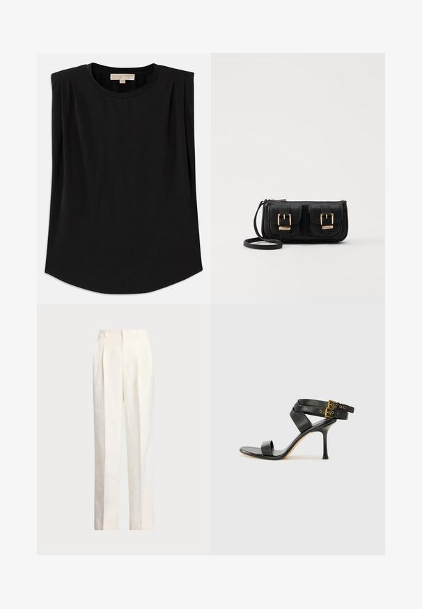 Must värvust pehme kangaga ülemine, millel on ümar kaelus, lühikesed varrukad kortsudega ja kergelt kaardus allserv. Muster või aksessuaare pole näha.; Polo Ralph Lauren HEMP WIDE LEG PANT - Püksid - nevis; Mustad mustand koos ristatud rihmade ja reguleeritava pandlaga. Omab siledat tekstuuri ja kitsenevat stiletto kontsa.; Must küllastamata nahast õlakott, millel on kaks esist nähtavat taskut, kuldsed pandlad, tõmblukuga sulgemine ja peen rihm. Tekstuuriga pind ja kompaktne ristkülikukujuline kuju.