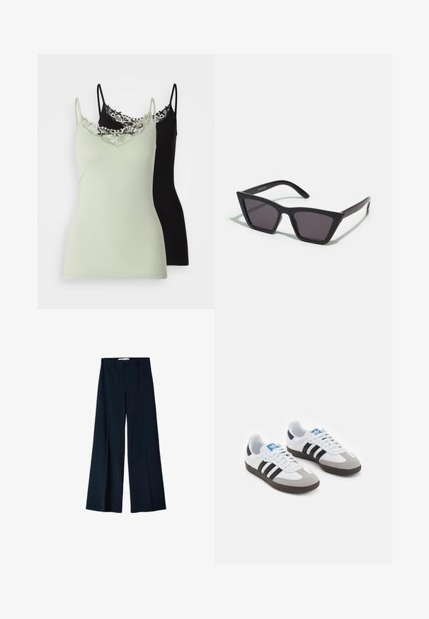 ONLY ONLKIRA LIFE SINGLET 2 PACK - Top - desert sage/black; Navy wide-leg trousers made from a smooth fabric, featuring two front pleats and a single button closure at the waist.; Sport shoes with a white leather upper, gray suede toe, and three black stripes. Features a blue logo on the tongue and a textured rubber sole.; Black, angular sunglasses with gray lenses; made of plastic, featuring thick arms with a smooth surface and no visible hardware.; Black leather shoulder bag with a curved shape, single flat strap, and a top zipper closure. Smooth texture with minimal hardware details.