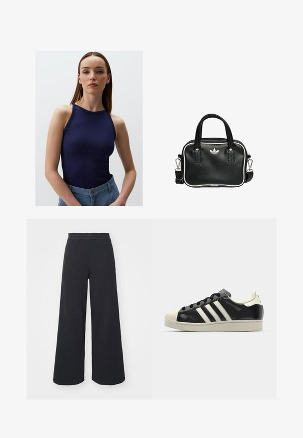 Jimmy Key SLIM FIT HALTER NECK BASIC - Top - dark blue; Pantaloni felpati neri a gamba larga realizzati in tessuto morbido, con un elastico in vita e un piccolo logo sul lato sinistro.; Sneaker in pelle nera con strisce bianche, punta in gomma, lacci neri e suola di colore crema. Texture liscia con finitura brillante.; Borsa a mano in pelle nera con due manici corti, hardware argentato, dettagli bianchi e un logo bianco. Presenta una superficie strutturata e un design compatto.