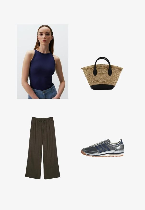 Jimmy Key SLIM FIT HALTER NECK BASIC - Top - dark blue; Dunkelbraune, weit geschnittene Hose mit einem elastischen Bund und verstellbarem Kordelzug. Hergestellt aus einem weichen, leichten Stoff.; Silberfarbene synthetische Sneaker mit marineblauen Streifen, runder Zehenpartie, weißer Innenfutter und Gummisohle. Verfügt über ein strukturiertes Obermaterial und eine Schnürung.; Geflochtener Strohkorb mit einer ausgestellten Form, ausgestattet mit einem schwarzen Lederboden und -griffen. Strukturierte natürliche Fasern mit glatten schwarzen Akzenten.; Goldfarbene blumenförmige Ohrringe mit geschichteten Blütenblättern, die eine strukturierte Oberfläche und ein zentrales Perlendetail aufweisen.
