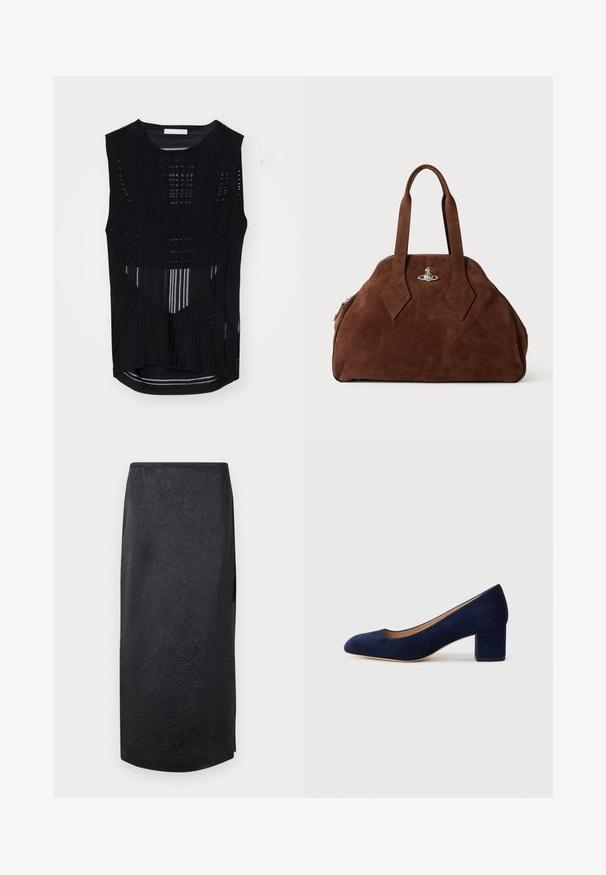 Zwart mouwloos topje met verticale ribbelstructuur. Heeft een ronde halslijn en een iets langere achterkant. Lichtgewicht en doorschijnend materiaal.; Zwarte midi-rok met een gekreukt textuur, rechte snit en zijsplit. Materiaal lijkt lichtgewicht. De zoomlijn is iets afgerond.; Navy blauwe suède pump met een spitse neus en een blokhak van gemiddelde hoogte. Glad oppervlak met een subtiele glans en een kleine uitsparing aan de voorkant.; Bruine suède handtas met een gestructureerde vorm, ronde body en verlengde ruitvormige handvatten. Voorzien van een sluiting met zilveren hardware.