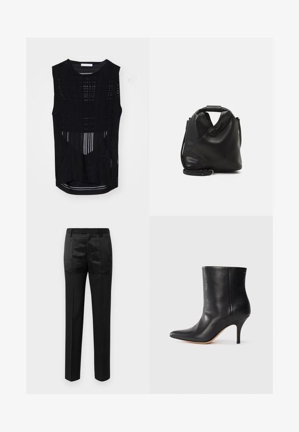 Must have kõrge kaelusega must lühikeste varrukatega top, millel on vertikaalne ribikujundus. Omab ümmargust kaelarõngast ja veidi pikemat seljaäärte. Kerge ja läbipaistev materjal.; Mustad ülikondpüksid sirgete jalgadega ja vöökoht, millel on vööaasad, koos mattide ja läikivate kangaste paneelidega.; Must musta jalatsid terava ninaga, õhukese stiletto kontsaga ja siledast nahast. Minimalistlik disain ilma nähtava riistvarata või aksessuaarideta.; Must ja pehme nahast kott, millel on unikaalne keerdkujuline disain. Omab lühikest kätset ja eemaldatavat õlarihma. Minimalistlik stiil.