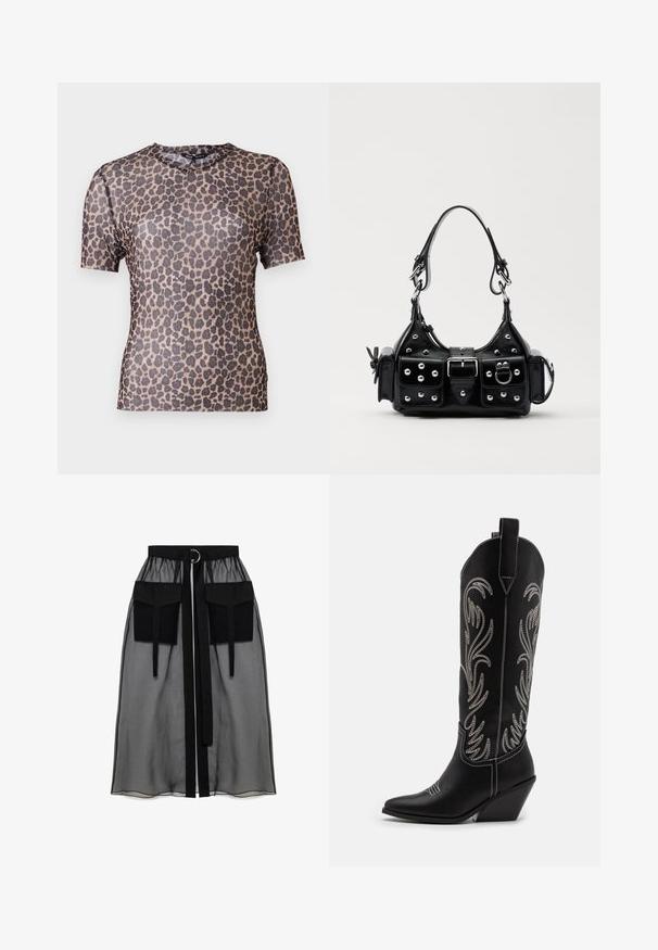 Pļavju tērps ar leopardu rakstu, īsām piedurknēm, izgatavots no caurspīdīgas, vieglas auduma, ar noapaļotu kakla izgriezumu un gludu tekstūru. Dizainā ir tumši brūni plankumi.; Melnā caurspīdīgā svārka ar salikto jostasvietu, kas ietver divas lielas priekšējās kabatas, jostas saitīti un apaļu metāla akcentu.; Melnas ādas kovboju zābakus ar norādītām pirkstiem, sānām paceltu papēdi un sudraba izšūtām ziedu rakstiem gar zābaka kāju. Kontrasta dūrieni visā zābakā.; Melnas ādas rokturmais ar izliekumu, ar sudraba iedurtiem, sprādzi un divām sānu kabatām. Regulējams siksniņas garums dažādām nēsāšanas iespējām.