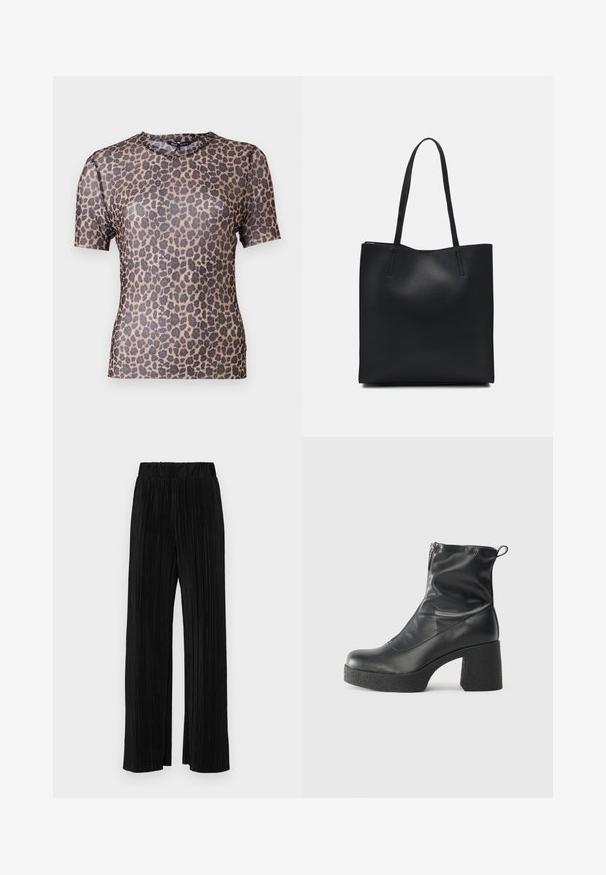 Leopárdmintás, rövid ujjú felső áttetsző, könnyű anyagból, lekerekített nyakkivágással és sima textúrával. A dizájnon sötétbarna pöttyök találhatóak.; Fekete pliszírozott nadrág gumis derekkal. Széles lábakkal rendelkezik, sima, texturált anyagból készült, függőleges csíkokkal.; Fekete bokacsizmák sima bőrből, oldalsó cipzárral, vastag, texturált sarkú és lekerekített orrú dizájnnal.; Fekete bőrtáska sima felszínnel, téglalap alakú, két hosszú füllel. Nincs látható fémkiegészítő vagy díszítés.