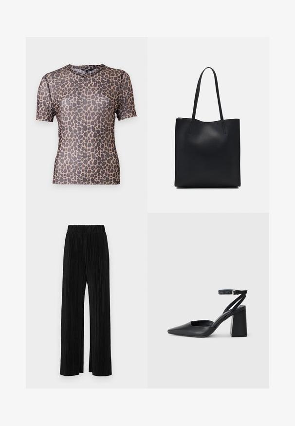 Top s krátkym rukávom v leopardom vzore z priesvitnej, ľahkej tkaniny s okrúhlym výstrihom a hladkou textúrou. Dizajn obsahuje tmavohnedé škvrny.; Čierne plisované nohavice s elastickým pásom. Majú široké nohavice a hladkú, textúrovanú látku s vertikálnymi pruhmi.; Čierne kožené lodičky s špicatou špičkou a členkovým remienkom, s masívnym podpätkom. Hladký povrch, elegantný dizajn a minimalistická estetika.; Čierna kožená taška na rameno s hladkým povrchom, obdĺžnikovým tvarom a dvoma dlhými uchami. Bez viditeľného kovania alebo ozdôb.