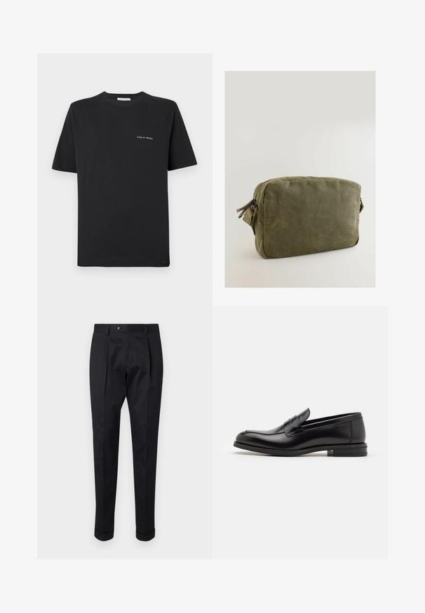 Melna kokvilnas T-kreklu ar apaļu kakla izgriezumu, īsām piedurknēm un mazu balto "TIGER OF SWEDEN" logotipu uz krūtīm. Klasiskā piegriezuma.; Melni bikses, izgatavotas no gludas auduma, ar uzkāpes priekšpusē, pogu aizdari un velkot piegriezumu pie potītes.; Melnas ādas kurpes ar gludu tekstūru, noapaļu purngalu un dekoratīvu siksniņu pāri priekšpusei. Zems sakrauts papēdis, minimālisma dizains.; Olīvu zaļas krāsas auduma soma ar taisnstūra formu, ar rāvējslēdzēja aizdari un ādas akcentiem uz rāvējslēdzēja vilkšanas.