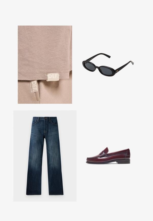 T-shirt in cotone beige con una texture morbida, caratterizzato da un orlo dritto e due etichette visibili cucite sul fondo, contrassegnate "DEF."; Camicia a righe in azzurro chiaro e bianco, modello con bottoni, maniche lunghe e taschino sul petto con logo ricamato. Tessuto in cotone.; Jeans in denim blu scuro con design a gamba dritta, caratterizzati da una texture leggera, passanti per cintura e un classico stile a cinque tasche.; Mocassino in pelle bordeaux con punta tonda, dettagli cuciti e un piccolo accentu decorativo sulla tomaia. Suola piatta in contrasto.; Occhiali da sole neri oversize con lenti ovali, montatura in plastica liscia e accenti dorati sulle tempie. Le lenti scure offrono protezione dal sole.