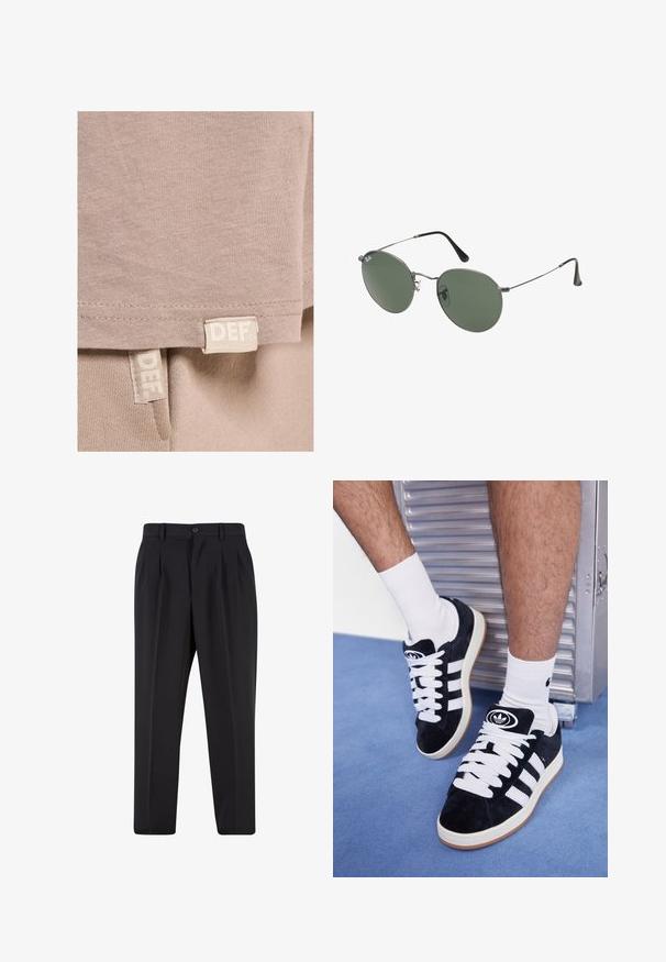 Beige cotton t-shirt with a soft texture, featuring a straight hem and two visible labels stitched at the bottom, marked "DEF."; Black trousers with a pleated front design, made from smooth fabric. Features a button closure and belt loops; straight-leg fit.; Black suede sneakers with white laces and three white stripes. Features a circular black logo on the tongue and a gum rubber sole.; Metal-framed sunglasses with oval green lenses. Thin silver metal frame and black ear tips. Minimalist design, no visible logos.