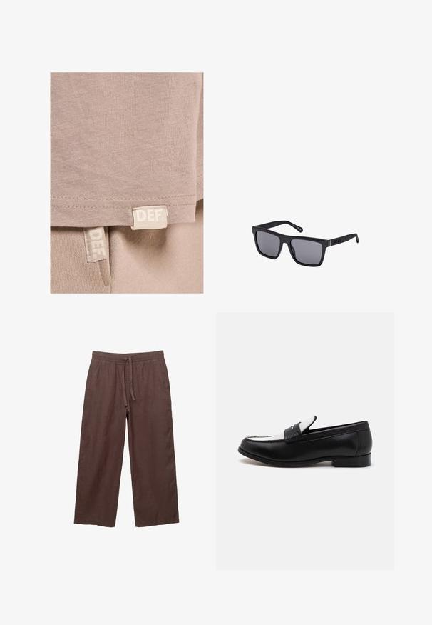 Beige Baumwoll-T-Shirt mit weicher Textur, geradem Saum und zwei sichtbaren Etiketten, die am unteren Rand aufgenäht sind und mit "DEF" gekennzeichnet sind.; Braune Leinen-Hose mit weitem Bein und einem Kordelzugbund, ausgestattet mit zwei seitlichen Taschen und einem leichten, strukturierten Stoff.; Schwarze Lederloafers mit einem kontrastierenden weißen Lederpanel und Nähten. Sie verfügen über eine glatte Oberfläche und ein niedriges Absatzdesign.; Schwarze rechteckige Sonnenbrille mit dunklen Gläsern, matter Oberfläche und Logodetail am Bügel. Das Design hat gerade Kanten und dicke Rahmen.