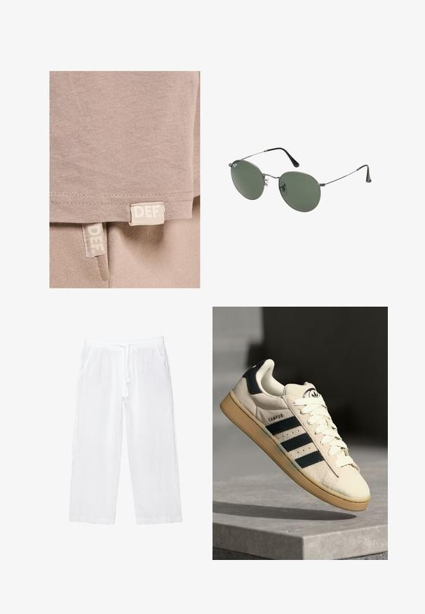 Beige Baumwoll-T-Shirt mit weicher Textur, geradem Saum und zwei sichtbaren Etiketten, die am unteren Rand aufgenäht sind und mit "DEF" gekennzeichnet sind.; Weiße Leinen-Culotte mit elastischem Bund, Kordelzug und zwei Seitentaschen. Sanfte Textur und leichtes Design für zusätzlichen Komfort.; Beige Wildledersneaker mit drei dunkelblauen Streifen, weißen Schnürsenkeln und einer tannfarbigen Gummisohle. Verfügt über ein Logo auf der Zunge und den Text "CAMPUS".; Metallgestellte Sonnenbrille mit ovalen grünen Gläsern. Dünner silberner Metallrahmen und schwarze Ohrstücke. Minimalistisches Design, keine sichtbaren Logos.