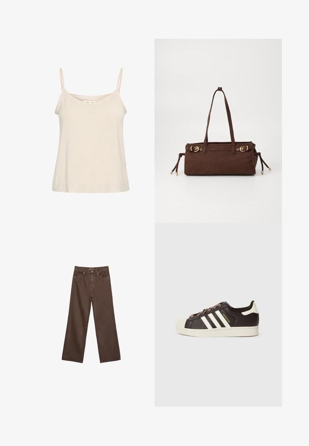 Light beige camisole made of soft fabric, featuring thin adjustable straps and a V-neckline with a slightly relaxed fit.; Wide-leg brown jeans made of denim, featuring a high waist, front pockets, and a classic button closure. Smooth texture with subtle stitching.; Low-top Adidas Superstar sneaker in dark brown leather with cream shell toe, white stripes, and "Superstar" text on the side.; Brown suede tote bag with two shoulder straps, gold hardware accents, and adjustable side ties. Features a zip closure and smooth texture.