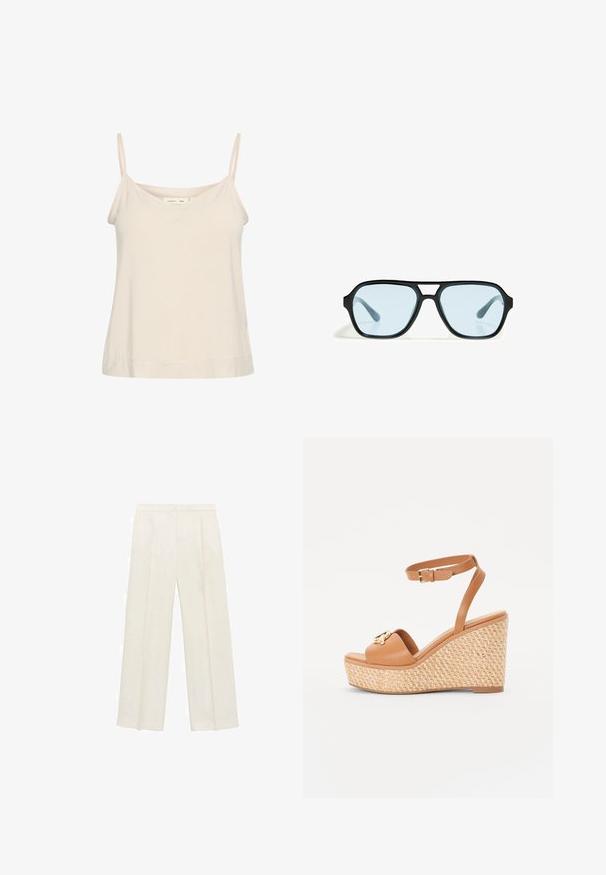 Camisola bej deschis, fabricată dintr-un material moale, având bretele subțiri ajustabile și un decolteu în V, cu o croială ușor lejeră.; Pantaloni cu picioare largi, de culoare crem deschis. Realizați dintr-un material neted, cu plisuri în față și buzunare laterale.; Sandale cu toc wedge, cu un upper din piele maro, curea la glezna și o platformă țesută, texturată. Accente din metal auriu în față.; Ochelari de soare negri cu rame rectangulare, lentile cu nuanță albastră și un design distinctiv al punții. Finisaj elegant, textură subtilă.; Geantă de mână bej din piele cu o formă unică, dotată cu două mânere scurte și o curea lungă ajustabilă. Textură netedă, cu hardware minim.