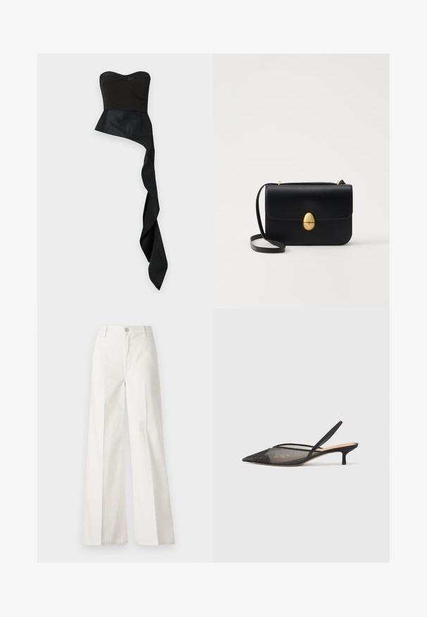 Juodas besijungiantis viršus su prigludusia palaidine, platėjančia apatine dalimi ir ilgu, draped, asimetriniu kraštu. Lygi, matinė tekstūra visame paviršiuje.; Balti platūs baltos spalvos keliai, pagaminti iš medvilnės su lygiu paviršiumi. Yra priekinis mygtukas, užtrauktukas ir keturi kišenės.; NEOUS IRENA - Klasikiniai aukštakulniai - black; Juodas odinis rankinukas su struktūrine stačiakampio forma. Yra auksinė ovali sagtis ir plona petneša. Glotni tekstūra.