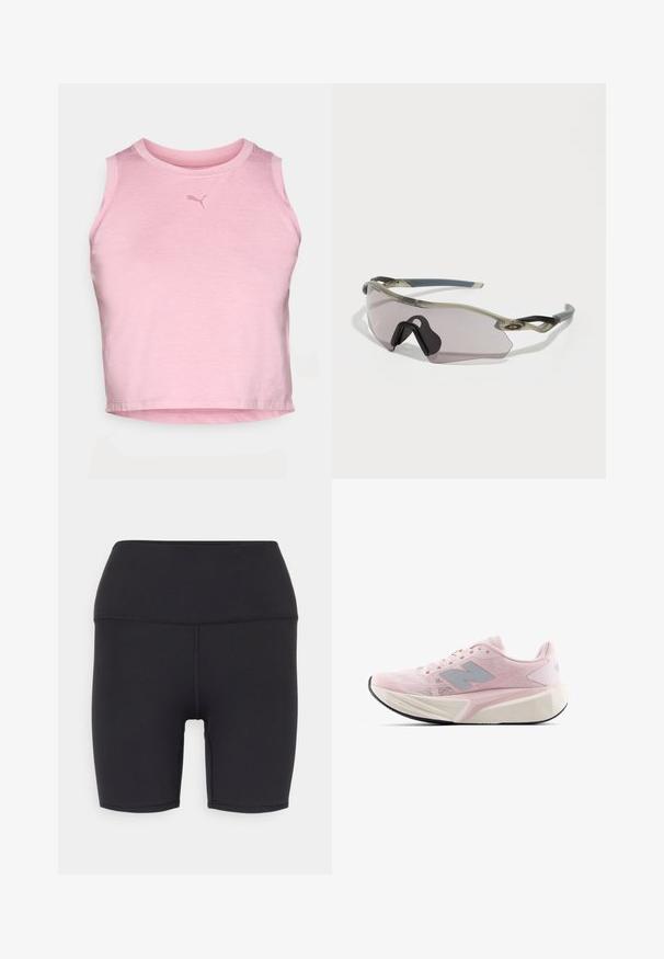 Rózsaszín, ujjatlan crop top, puha anyagból készült. Kerek nyakú, és a mellkasán egy apró, diszkrét logó található. Sima textúrájú.; Fekete sportnadrág, rugalmas anyagból készült, magas derékrésszel, sima textúrával, és látható minták vagy fémalkatrészek nélkül.; Világos rózsaszín futócipők texturált hálós felsőrészsel, szürke részletekkel, vastag fehér középtalppal és rugalmas fekete talppal. Párnázott bokarész és nyelv jellemzi.; Átlátszó szürke keretű napszemüveg, tónusos lencsékkel és szögletes dizájnnal. Kiemelkedő orrbetéte és texturált sötétszürke templomkarjai vannak.