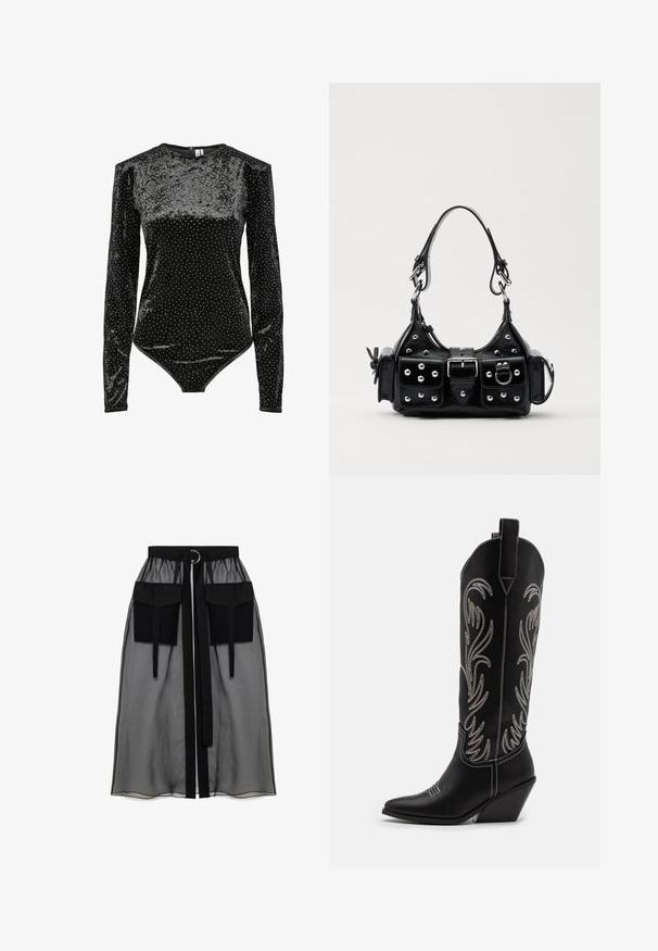 Černý sametový body s dlouhými rukávy, s texturovaným designem a stříbrnými puntíky. Hladká tkanina s přiléhavým střihem.; Černá průhledná sukně s nařaseným pasem, která má dvě velké přední kapsy, páskový uzávěr a kulatý kovový akcent.; Černé kožené kovbojské boty s špičatými špičkami, podpatky ve tvaru klínu a stříbrně vyšívanými květinovými vzory po celé délce. Kontrastní prošívání po celém obvodu.; Černá kožená kabelka s křivkovým designem, zdobená stříbrnými hřebíky, s přezkou a dvěma bočními kapsami. Nastavitelný popruh pro různé možnosti nošení.