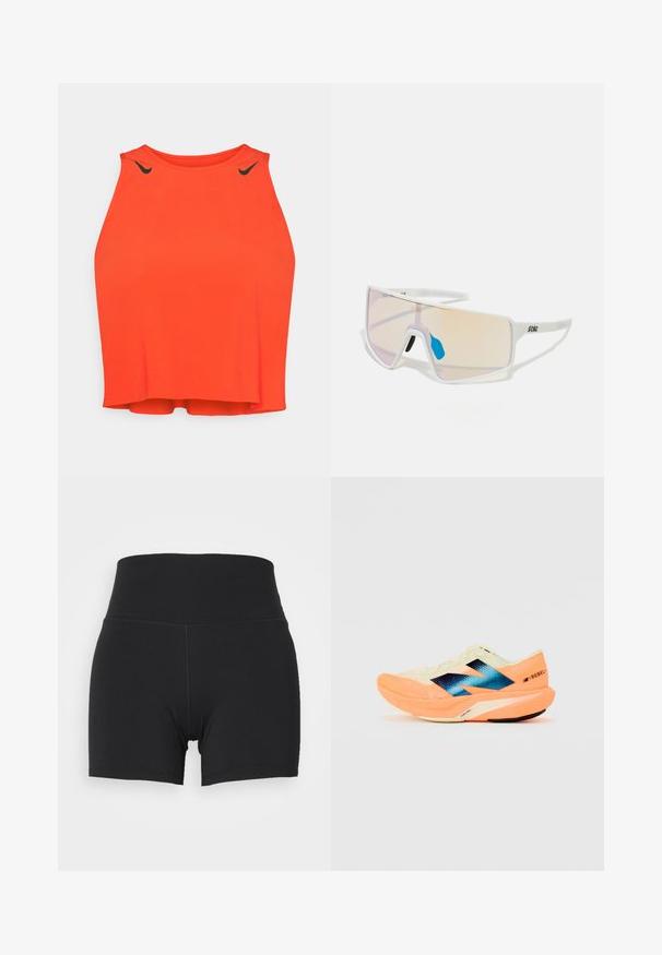 Camisola desportiva vermelha com gola alta e design sem mangas. Acentos de logotipo pretos perto dos ombros. Material suave e leve.; Calções atléticos pretos com uma cintura alta elástica, feitos de um tecido suave e elástico. Apresentam um design ajustado e detalhes de costura mínimos.; Sapatilha de corrida com um cabedal leve em creme, marcação azul e detalhes laranja na sola. Textura em malha para maior respirabilidade.; Óculos de sol com armação branca e grandes lentes degradê, apresentando um tom que vai do rosa ao laranja claro, realçados por um apoio nasal azul e detalhe do logótipo.