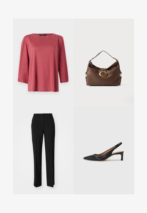 Voľne strihaný top s okrúhlym výstrihom v jednofarebnej korálovej farbe. Obsahuje rukávy do troch štvrtín a hladký, ľahký materiál.; Čierne krajčírské nohavice so strihom rovného nohu, s hladkou textúrou a ostrými skladmi pozdĺž prednej časti. Žiadne viditeľné hardvér.; Čierne kožené slingback lodičky s špicatou špičkou, nízkym opätkom a hladkým povrchom. Obsahujú tenký nastaviteľný remienok pre bezpečné upevnenie.; Hnedá kožená kabelka s textúrovaným povrchom, so zlatým kovovým zapínaním a jedným zakriveným ramenným popruhom.