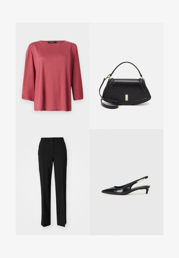 Loose-fitting, round-neck top in a solid coral color. Features three-quarter length sleeves and a smooth, lightweight fabric.; Black tailored trousers with a straight-leg design, featuring a smooth texture and crisp creases along the front. No visible hardware.; Black leather slingback heels with a pointed toe, featuring a slim heel and a gold-tone accent on the adjustable strap. Smooth texture.; Black leather handbag with a structured design, featuring a cropped shape, top handle, and gold hardware accent. Adjustable shoulder strap included.