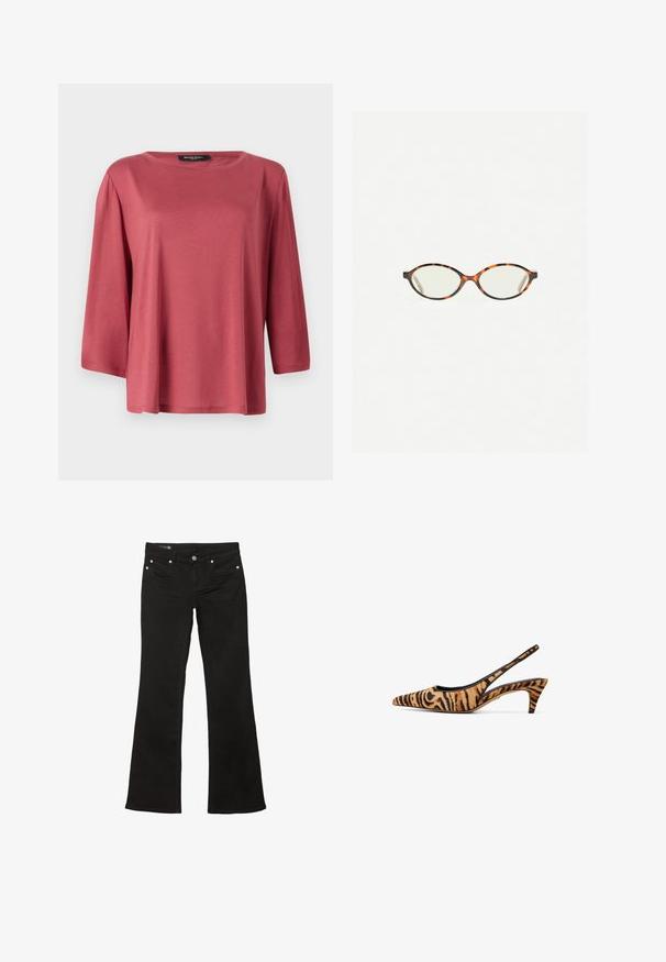 Maglietta ampia con collo rotondo di un colore corallo uniforme. Presenta maniche a tre quarti e un tessuto leggero e liscio.; Jeans neri a palazzo con una consistenza liscia, caratterizzati da hardware in metallo color rame e un tradizionale design a cinque tasche.; Ballerina con punta affusolata in tessuto con stampa tigre arancione e nera, con tacco sottile e design con apertura sul retro per traspirabilità.; Occhiali in tartaruga con lenti ovali e una finitura liscia e elegante. Presentano aste sottili con una leggera curva alle tempie. Lenti trasparenti.
