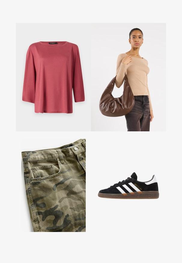 Volný vrchní top s kulatým výstřihem v jednolité korálové barvě. Má tříčtvrteční rukávy a hladkou, lehkou látku.; Next Džínové kraťasy - camo print; Černé tenisky Adidas se bílými pruhy, zlatým textem "Spezial", gumovou podešví a bílou patní částí, zobrazené v bočním pohledu.; Hnědá kožená kabelka hobo s volným designem a hladkým povrchem. Nositelná neformálně modelem, s velkým otvorem a zaobleným tvarem.