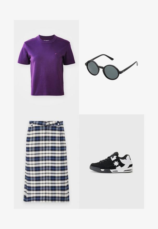 Lila Baumwoll-T-Shirt mit rundem Halsausschnitt und kurzen Ärmeln; verfügt über ein kleines gesticktes Logo auf der Brust. Glatte Textur, keine Muster.; Karierte Shorts in Marineblau, Weiß und Grau. Verfügt über eine gerade Silhouette, Knopfverschluss und eine subtile Textur mit Rautenmuster.; Schwarz-weißer Sneaker aus Wildleder- und Mesh-Materialien. Er zeigt ein auffälliges Sternlogo und kräftige Akzente an der Seite, mit einer gepolsterten Sohle.; Runde Sonnenbrillen mit einem schwarzen Kunststoffrahmen und dunkelgrauen Gläsern. Sie verfügen über dünne, gerade Bügel mit minimalistischen Akzenten.
