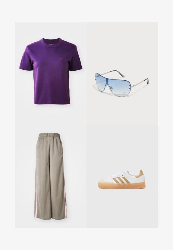 T-shirt en coton violet avec un col rond et des manches courtes ; présente un petit logo brodé sur la poitrine. Texture lisse, sans motifs.; Pantalons larges vert olive clair avec des fines rayures verticales, taille élastique et rayures latérales roses. Un petit logo est présent sur la hanche.; Baskets blanches avec des accents beiges, arborant trois bandes, un embout rond et une semelle en gomme translucide. Matériaux en cuir lisse et en textile.; Lunettes de soleil aviateur avec des verres dégradés bleus, une monture en métal argenté et des accents décoratifs en forme d'étoile sur les verres. Design lisse et élégant.