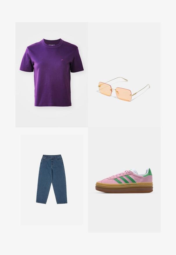 Ljubičasta pamučna majica s okruglim izrezom i kratkim rukavima; sadrži mali izvezeni logo na prsima. Glatka tekstura, bez uzoraka.; Plave traperice s opuštenim krojem, visokim strukom, dizajnom s pet džepova i naglašenim šavovima. Imaju kopčanje na gumb i patentni zatvarač.; Roze suede tenisice s zelenim trakama, bijelim detaljima i smešnim gumiranim potplatima. Imaju teksturirani materijal i logo detalje sa strane.; Naočale s okvirom od zlatnog metala s pravokornim lećama narančaste nijanse. Odlikuju se tankim krakovima i suptilnim teksturiranim detaljima u blizini šarki.